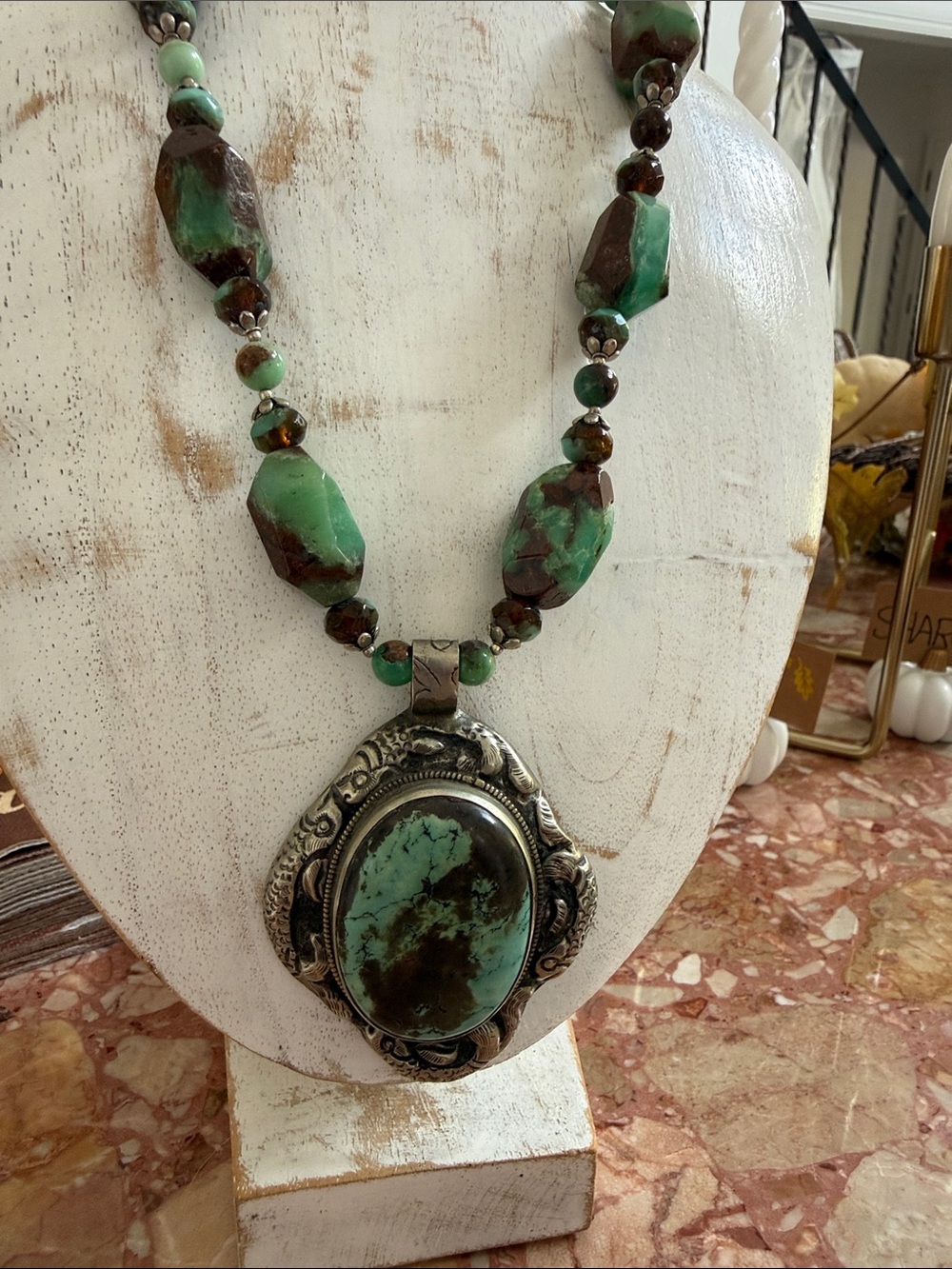 Handcrafted Green Turquoise Statement Pendant Necklace